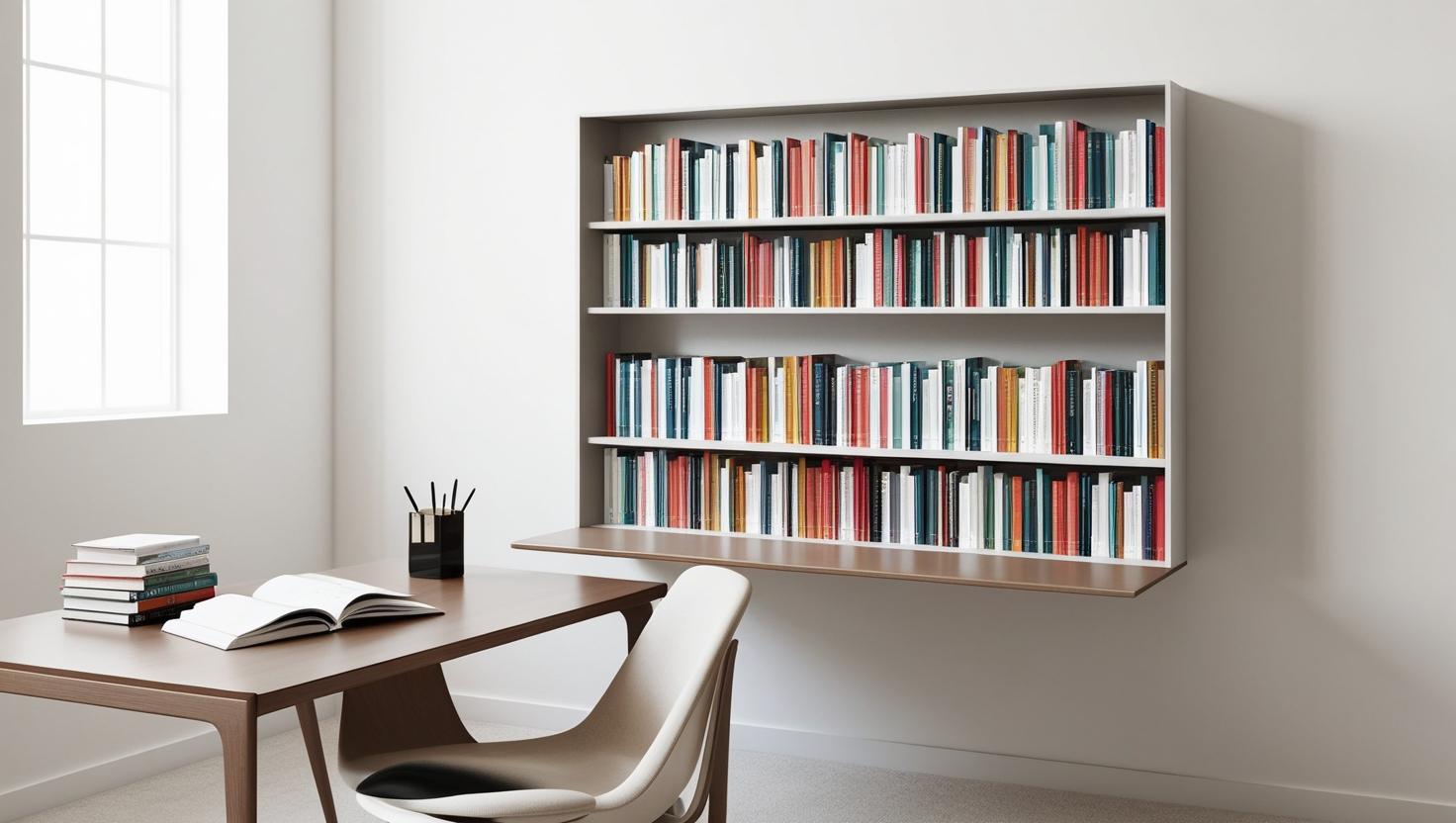 机の上の本と本棚